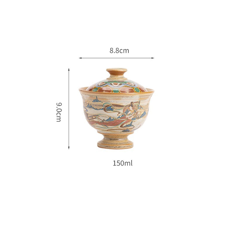 Buddha Stones Dunhuang Flying Apsaras Ceramic Gaiwan Sancai Teacup Kung Fu Tea Cup With Lid