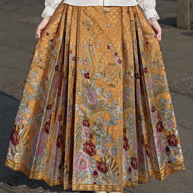 Buddha Stones Golden Flower Phoenix Embroidery Long Sleeve Shirt Top Chinese Hanfu Ming Dynasty Horse Face Skirt Mamianqun Skirt