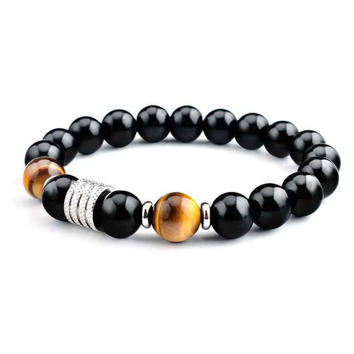 Buddha Stones Natural Black Obsidian Tiger Eye Strength Fulfillment Bracelet - Black Obsidian&Tiger Eye - Elastic String - image 0