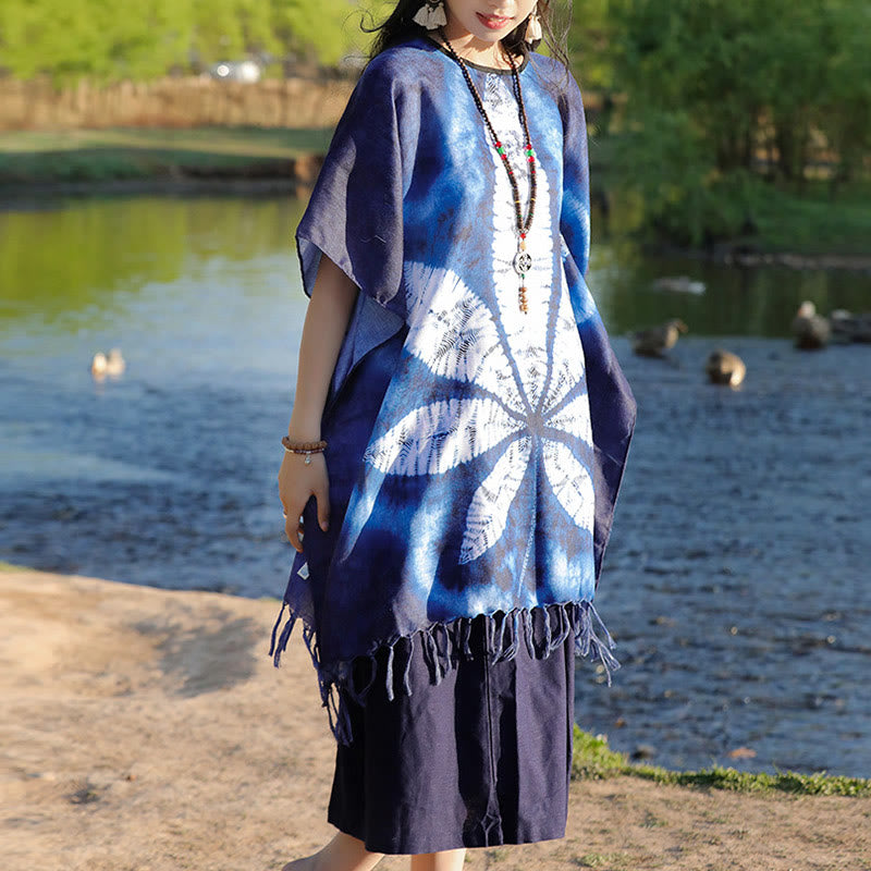 Buddha Stones Blue Batik Shawl Tassels Maple Leaf Cozy Travel Pullover 95*90cm