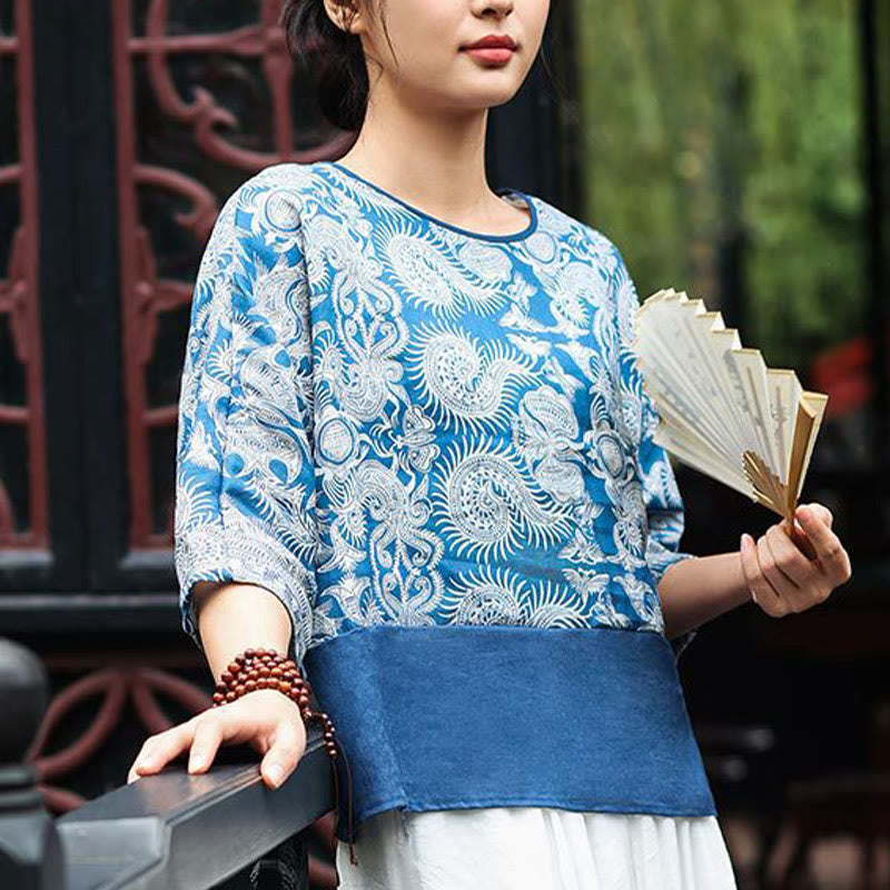 Buddha Stones Blue Flowers Three Quarter Sleeve Top Casual Tee T-shirt