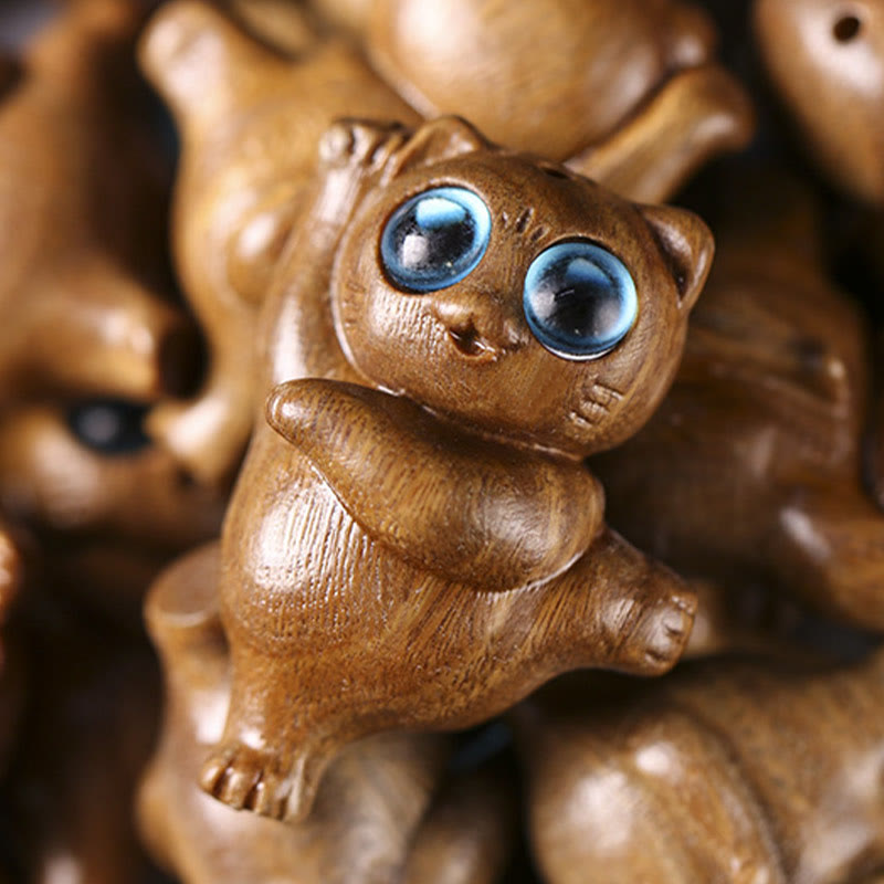 Buddha Stones Mini Green Sandalwood Dancing Cat Engraved Positive Desk Decorations - image 5