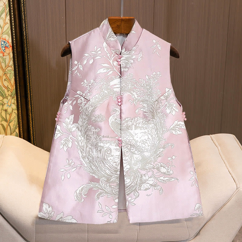 Buddha Stones Peacock Flower Pattern Tang Suit Design Vest Jacket