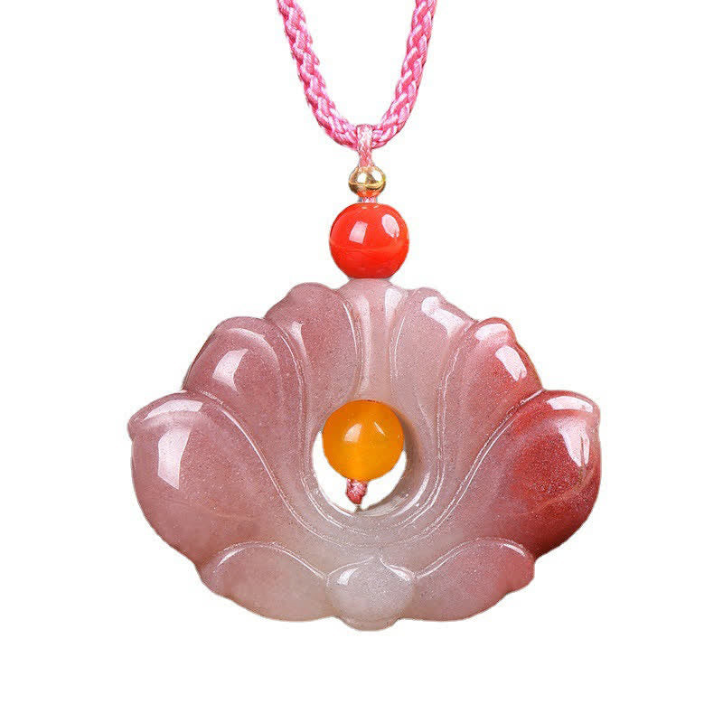 Pink Golden Silk Jade Lotus Flower Wealth Necklace Pendant - image 7