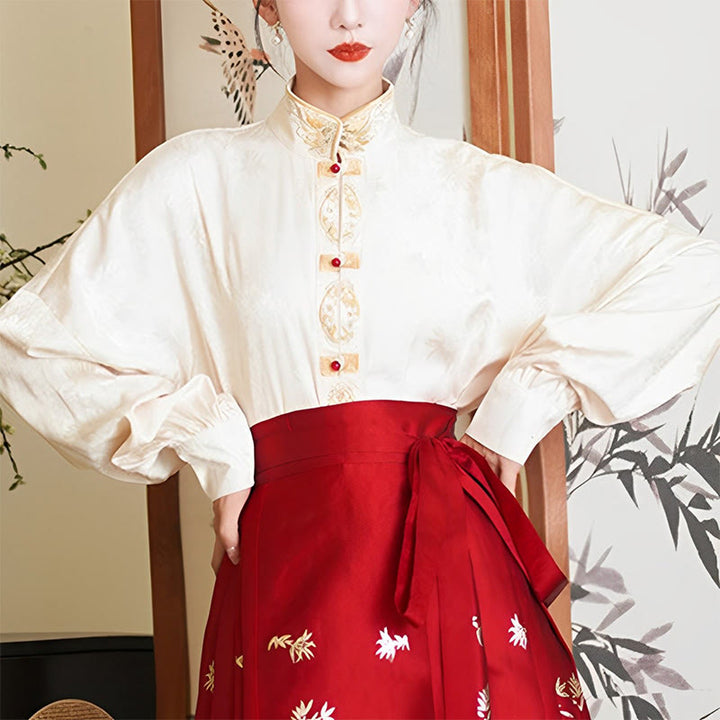 Buddha Stones Flower Bamboo Embroidery Long Sleeve Shirt Top Chinese Horse Face Skirt Mamianqun Wrapped Skirt Coat