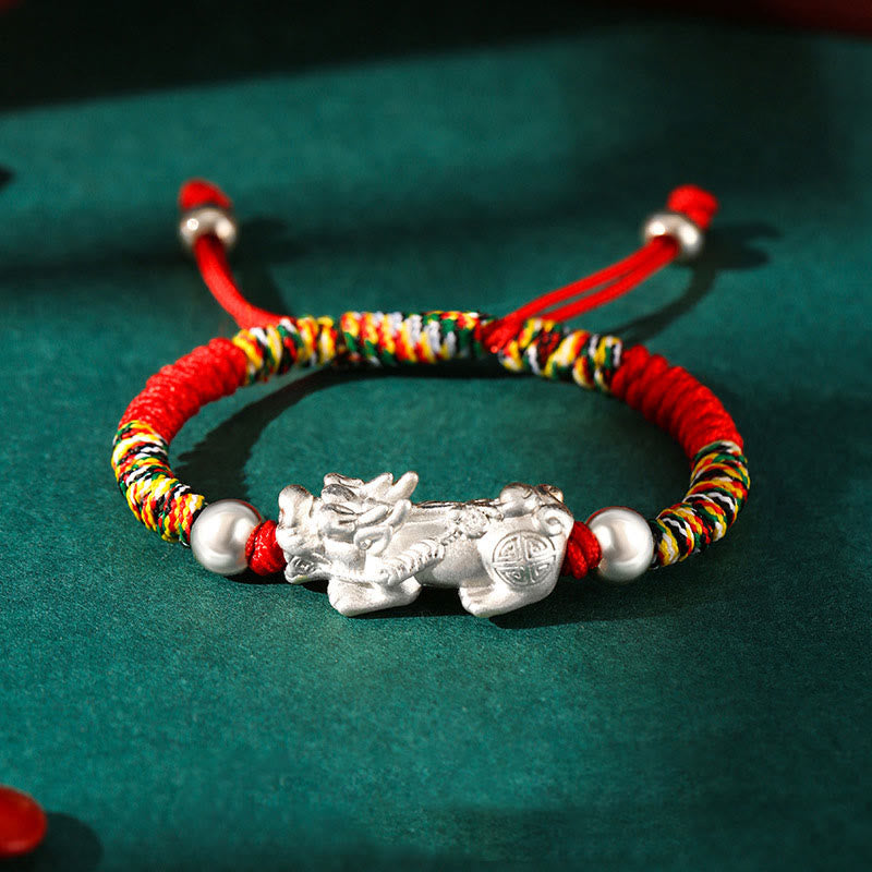 Buddha Stones 999 Sterling Silver PiXiu Wealth King Kong Knot String Braided Kids Child Bracelet - 999 Sterling Silver PiXiu - Colorful Rope(Bracelet Size 12+4cm) - image 10