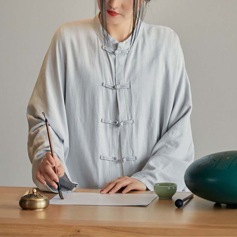 Buddha Stones Plain Frog-Button Design Shirt Zen Tai Chi Meditation Top Clothing Cotton Linen Jacket