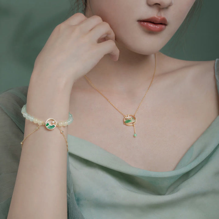 Buddha Stones 18K Gold Plated Copper Natural Jade Chalcedony A Panorama of Rivers and Mountains Luck Necklace Pendant Bracelet Set