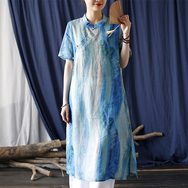 Buddha Stones Ramie Blue Digital Printing Cheongsam Dresses Short Sleeve Linen Dress