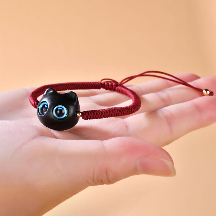 Buddha Stones Ebony Wood Cat Head Pattern Peace King Kong Knot Braided Bracelet - image 5