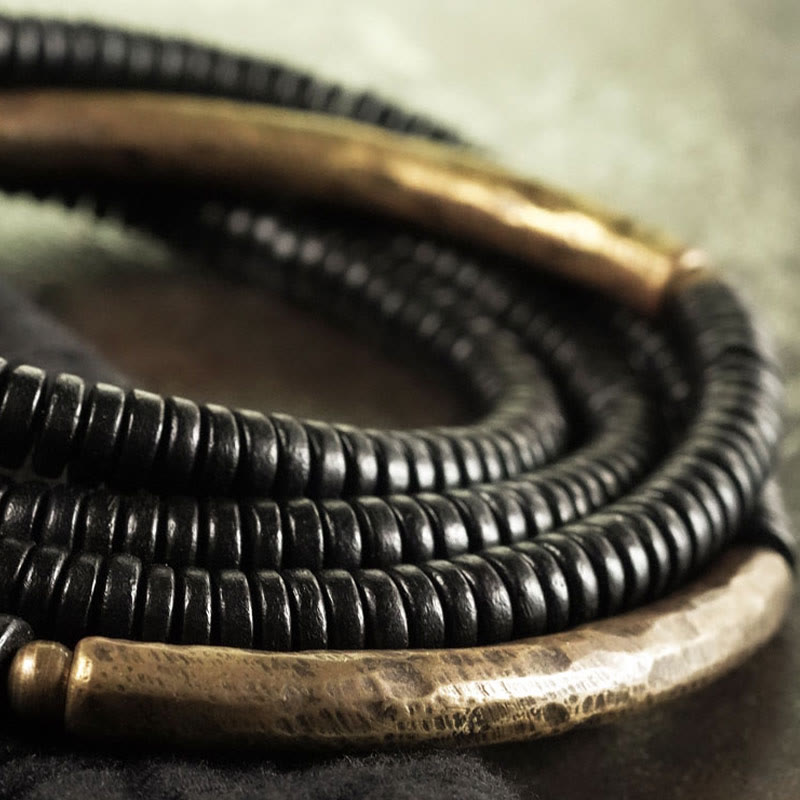 Buddha Stones Ebony Wood Brass Copper Balance Multilayered Bracelet - image 9