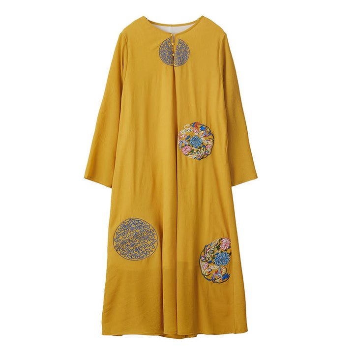 Buddha Stones Embroidery Long Sleeve Midi Dress Meditation Spiritual Zen Practice