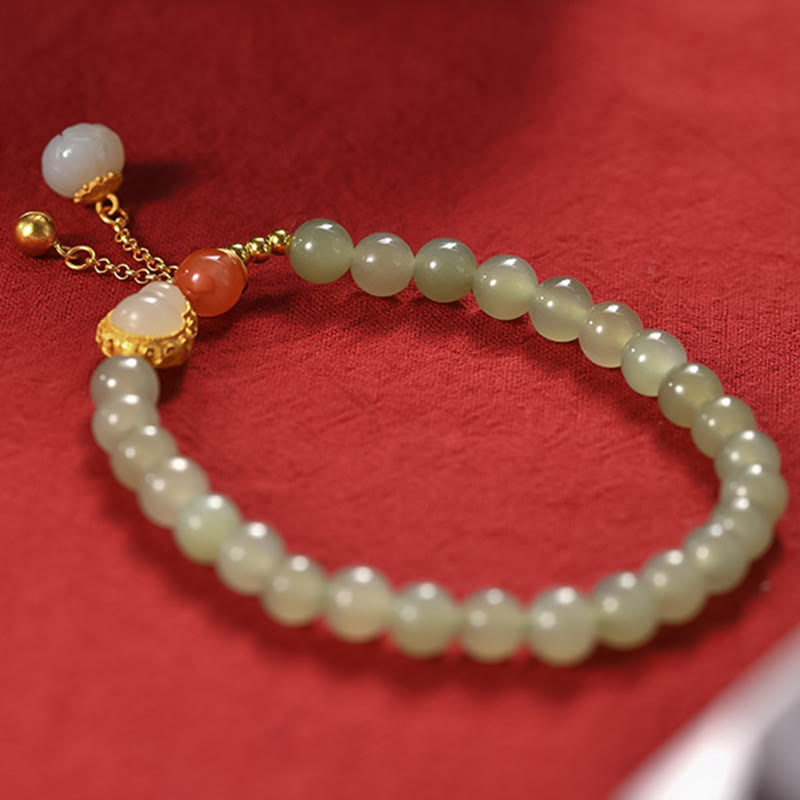 925 Sterling Silver Hetian Jade Gourd Lotus Abundance Luck Bracelet - image 8
