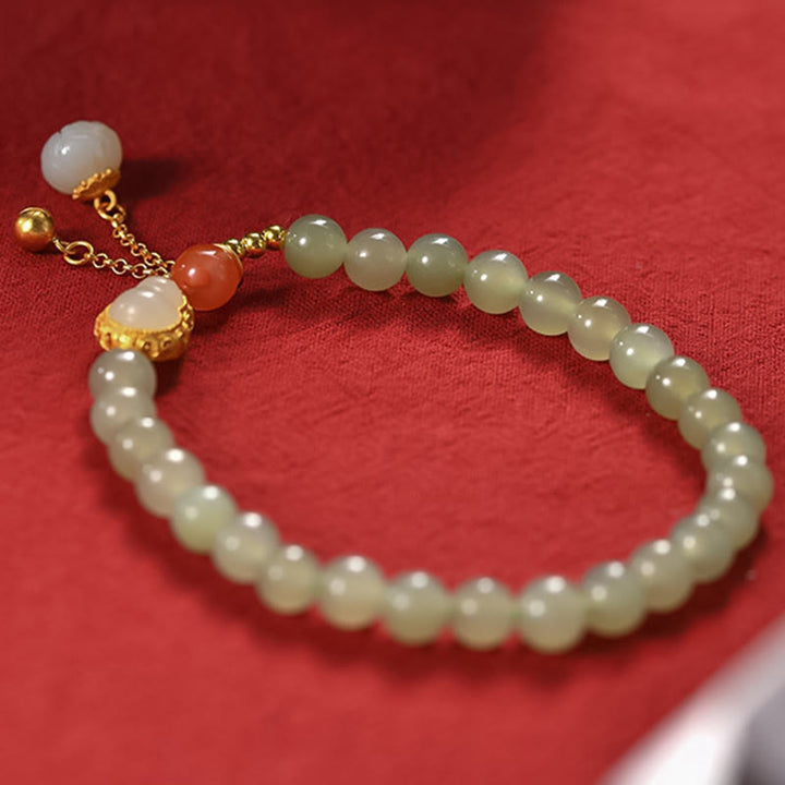 925 Sterling Silver Hetian Jade Gourd Lotus Abundance Luck Bracelet - image 8