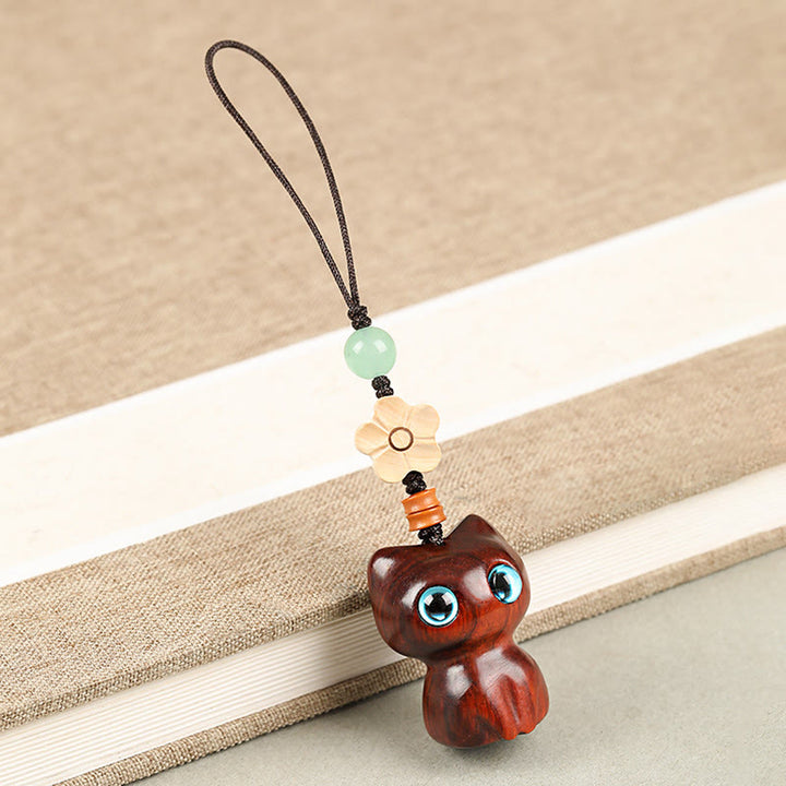 Buddha Stones Mini Small Leaf Red Sandalwood Ebony Wood Lucky Cat Lovely Kitty Peace Key Chain Phone Hanging Decoration - Phone Hanging Decoration - Small Leaf Red Sandalwood Cat - image 17