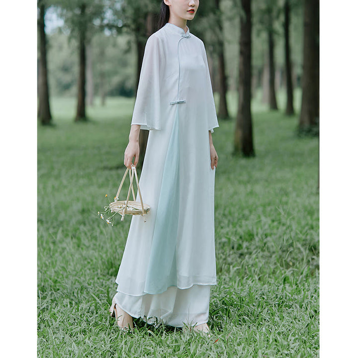 Buddha Stones Three Quarter Sleeve Chiffon Cheongsam Midi Dress Wide Leg Pants Meditation Zen Practice Clothing