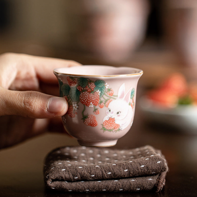 Buddha Stones Cute Strawberry Rabbit Flower Ceramic Teacup Kung Fu Tea Cup 55ml