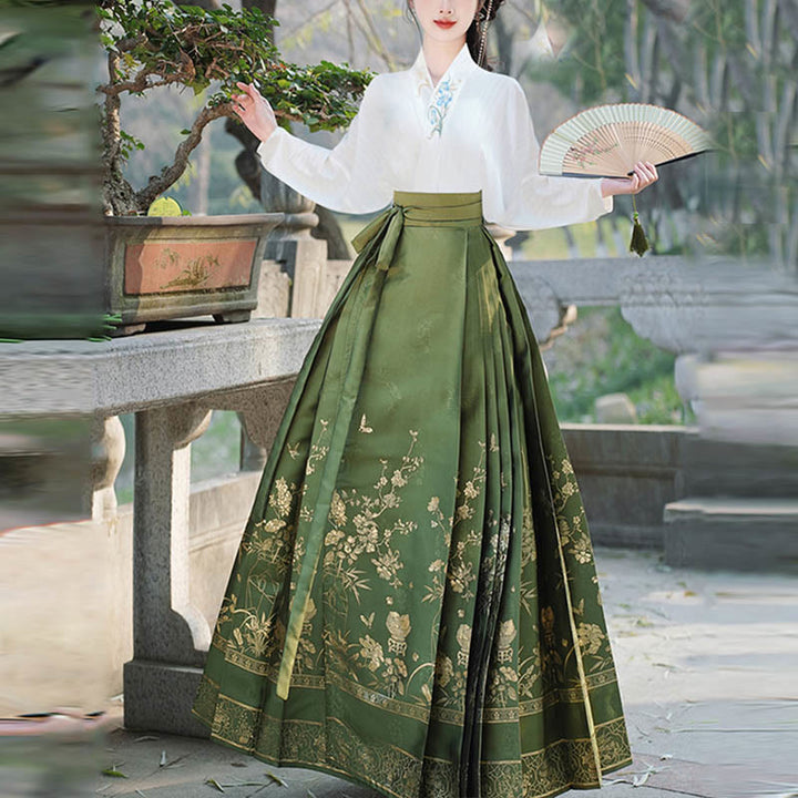 Buddha Stones Long Sleeve T-Shirt Top Tee Chinese Hanfu Flowers Horse Face Skirt Mamianqun