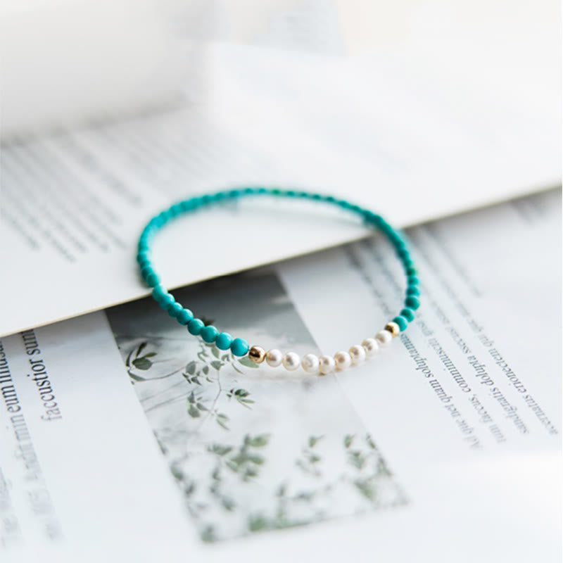 Buddha Stones 925 Sterling Silver Natural Turquoise Pearl Beaded Bracelet - image 8