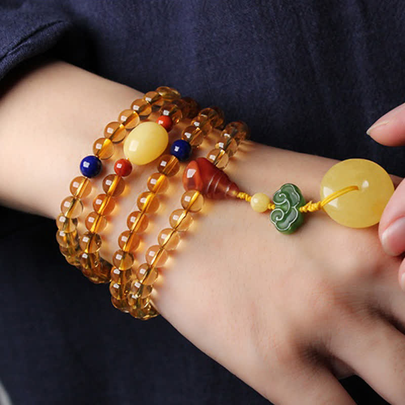 108 Mala Beads Natural Citrine Amber Peace Buckle Red Agate PiXiu Protection Charm Bracelet - image 3