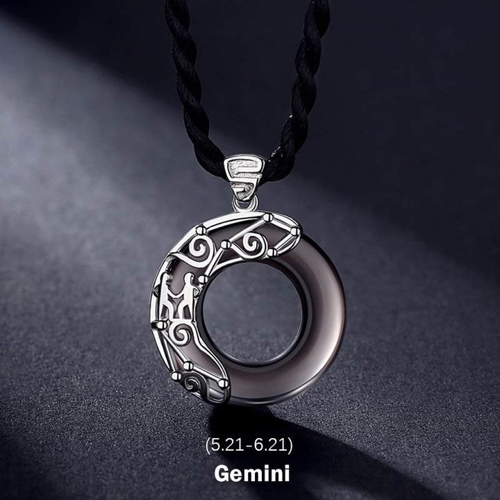 Buddha Stones 12 Constellations of the Zodiac Ice Obsidian Blessing Round Pendant Necklace