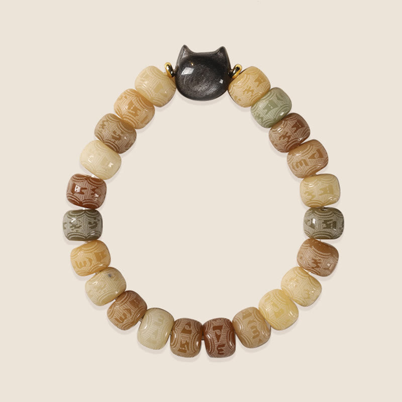 Buddha Stones Bodhi Seed Silver Sheen Obsidian Cat Head Om Mani Padme Hum Engraved Harmony Bracelet - image 6