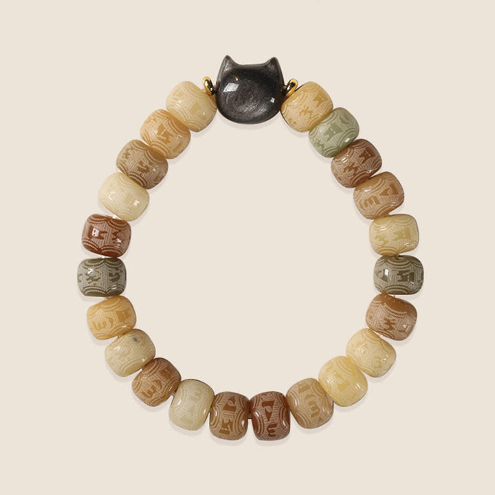 Buddha Stones Bodhi Seed Silver Sheen Obsidian Cat Head Om Mani Padme Hum Engraved Harmony Bracelet - image 6