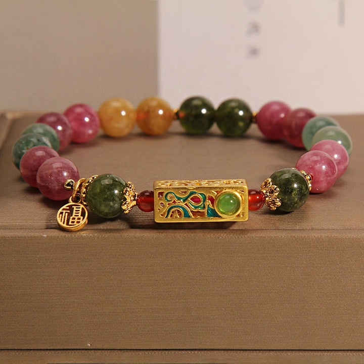 Buddha Stones Colorful Tourmaline Positive Fu Character Charm Bracelet