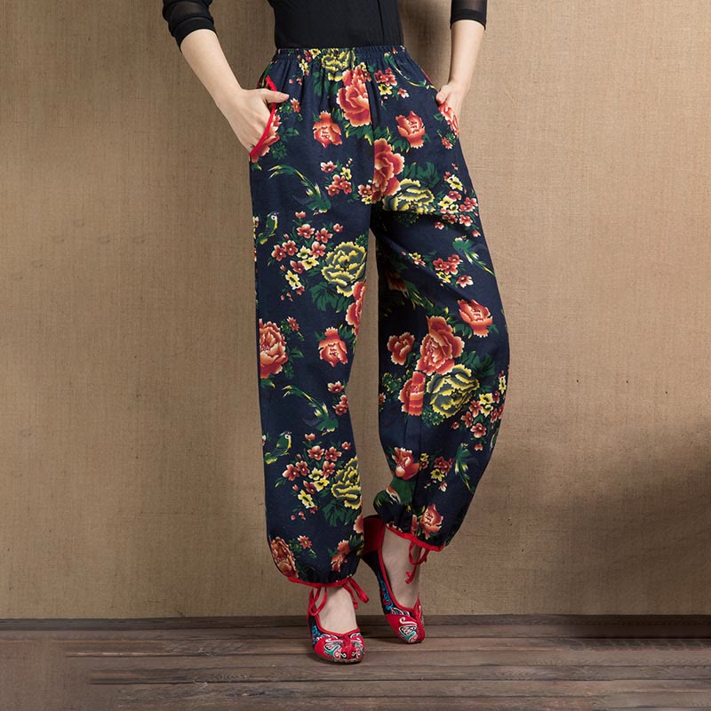 Buddha Stones Ethnic Style Red Green Flowers Print Harem Pants With Pockets