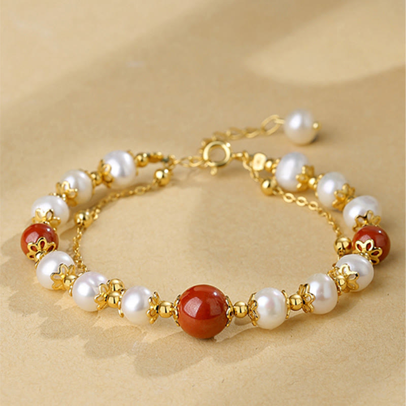 Buddha Stones 925 Sterling Silver Pearl Cinnabar Wisdom Bead Double Layer Chain Bracelet - Pearl&Cinnabar - image 0