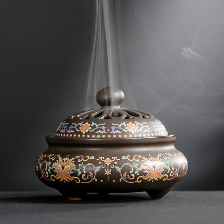 Dragon Floral Pattern Backflow Smoke Fountain Ceramic Meditation Incense Burner Decoration - Floral - image 2