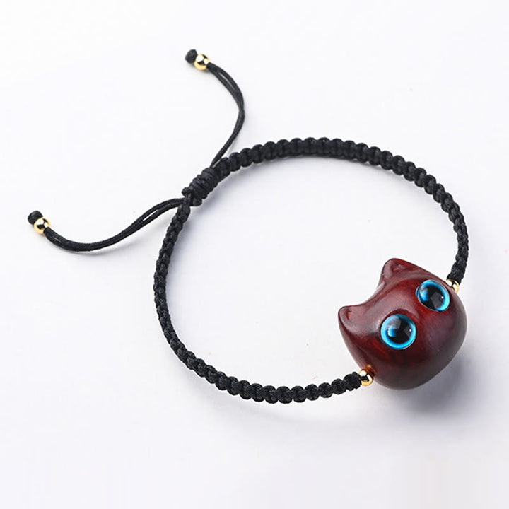 Buddha Stones Small Leaf Red Sandalwood Ebony Wood Cute Cat Head Calm Protection Braided Bracelet - image 4