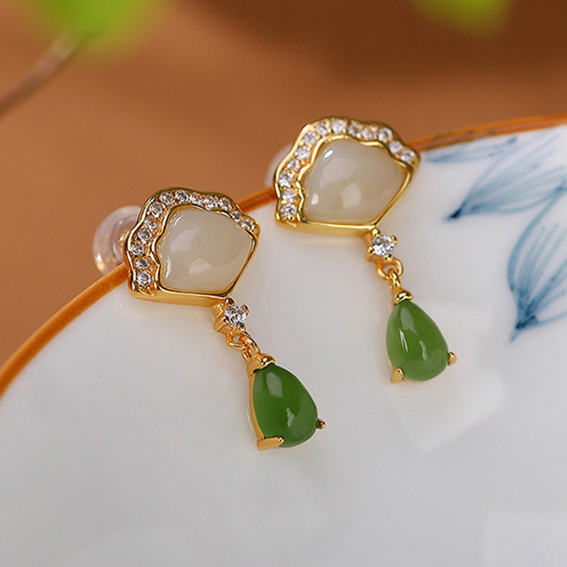 Buddha Stones White Jade Cyan Jade Fan Water Drop Pattern Luck Drop Earrings - image 3
