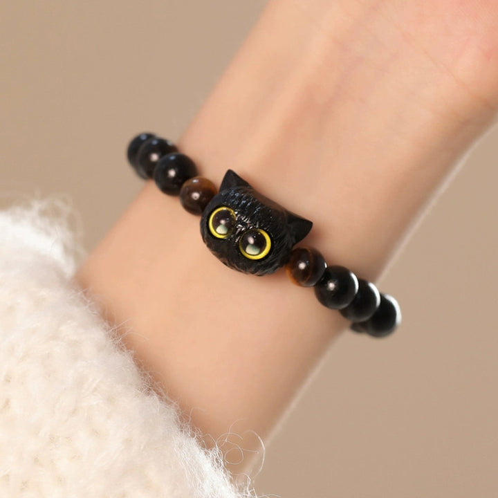 Buddha Stones Cute Ebony Wood Cat Head Pattern Peace Bracelet