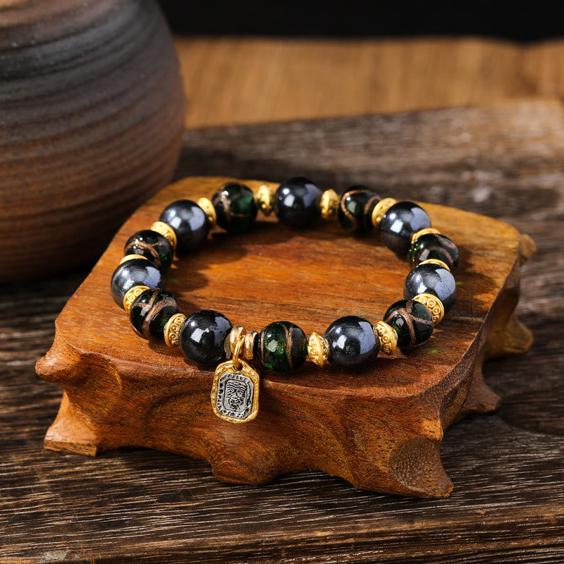 Buddha Stones Tibetan Zakiram Goddess of Wealth Liuli Glass Incense Ash Porcelain Bead Luck Bracelet - Blue Green Liuli Glass Bead - 14mm - image 10