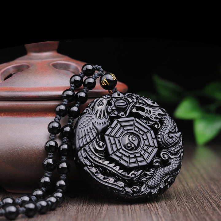 Buddha Stones Bagua Dragon Phoenix Obsidian Fulfilment Pendant Necklace - image 5