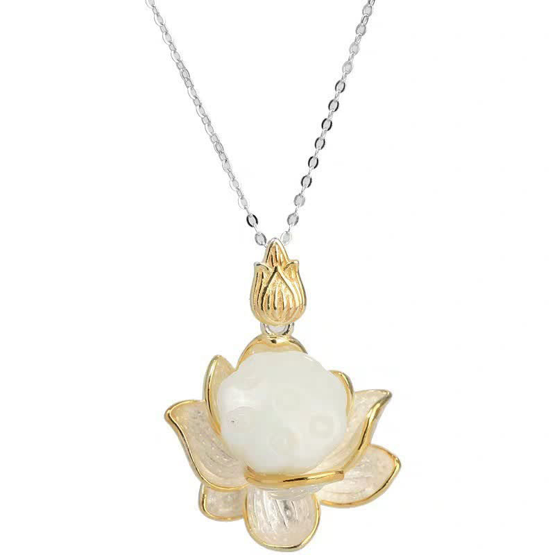 White Jade Lotus Flower Happiness Necklace - image 9