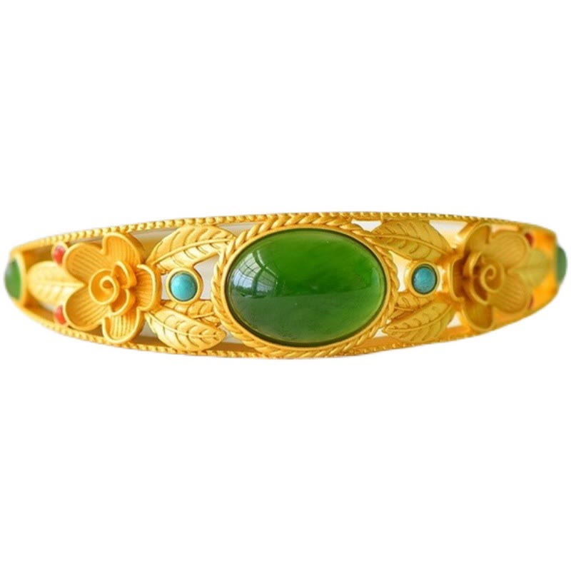 Buddha Stones Cyan Jade White Jade Flower Leaf Harmony Luck Bracelet Bangle - image 7
