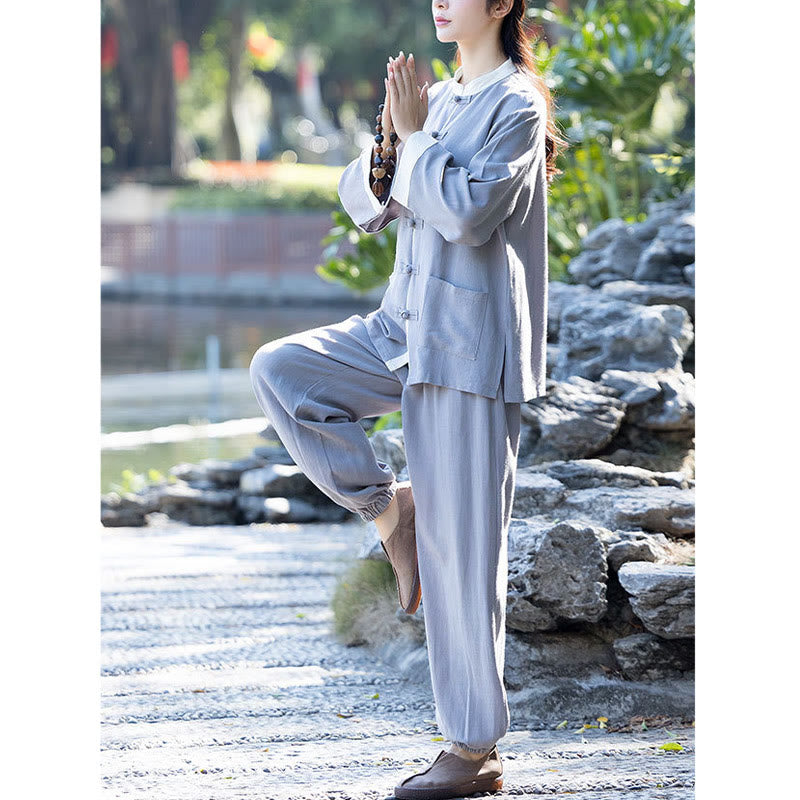 Buddha Stones Frog-Button Meditation Prayer Spiritual Zen Practice Tai Chi Uniform Clothing Women's Set