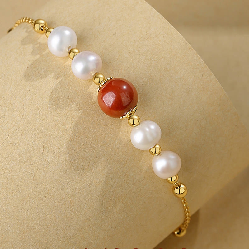 Buddha Stones 925 Sterling Silver Pearl Cinnabar Healing Bead Chain Bracelet - image 3