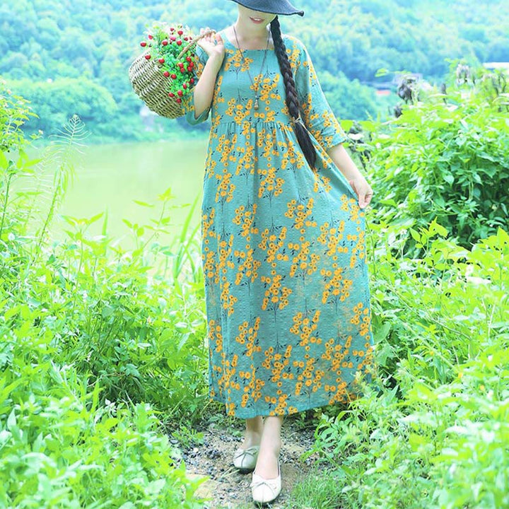 Buddha Stones Flowers Print Midi Dress Cotton Linen Tunic Dress With Pockets