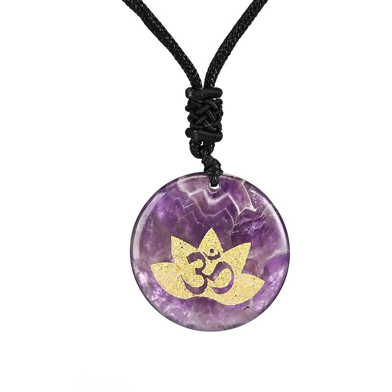 Buddha Stones OM Lotus Symbol Various Crystal Amethyst Tiger Eye Healing Necklace Pendant