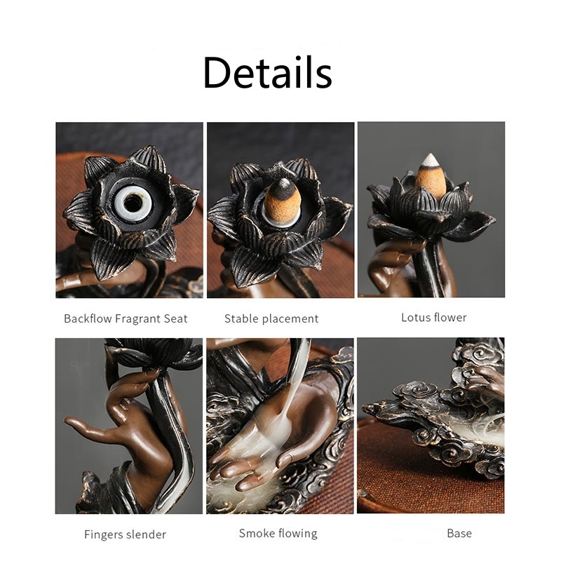 Buddha Stones Lotus Buddha Hand Auspicious Clouds Pattern Meditation Resin Backflow Incense Burner - image 7