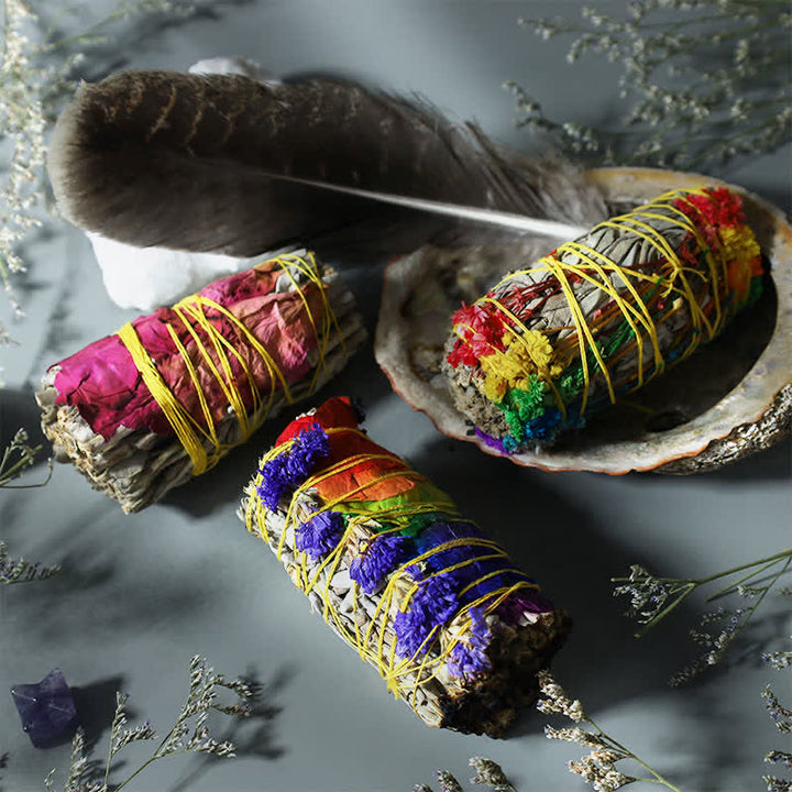 Colorful Daisy Red Rose Flowers Smudge Stick for Home Cleansing Incense Healing Meditation Smudge Sticks Rituals Set - Colorful Daisy + Red Rose + Colorful Flowers + Pearl Abalone Shell + Turkey Feather - image 0