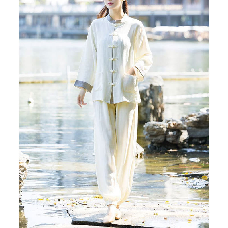 Buddha Stones 2Pcs Frog-Button Long Sleeve Shirt Top Pants Meditation Zen Tai Chi Cotton Linen Clothing Women's Set