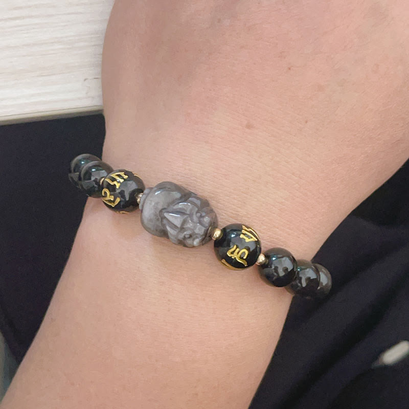 Buddha Stones Natural Silver Sheen Obsidian Black Obsidian Om Mani Padme Hum Pixiu Protection Bracelet