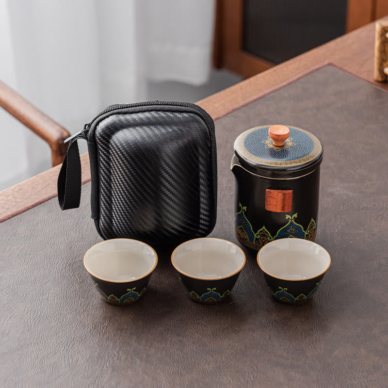 Flower Chinese Gongfu Ceramic Teapot Portable Outdoor Travel Tea Set Bag