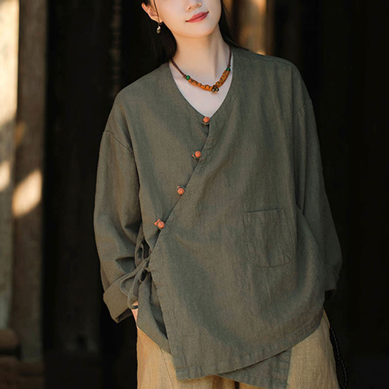 Buddha Stones Solid Color Ramie Linen Loose Blouse Long Sleeve Shirt Chinese Hanfu Top