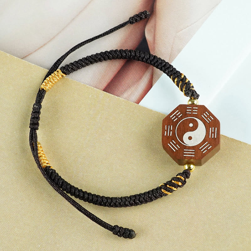 Buddha Stones Small Leaf Red Sandalwood Jujube Wood Ebony Wood Silver Inlaid Yin Yang Bagua Big Dipper Protection Bracelet