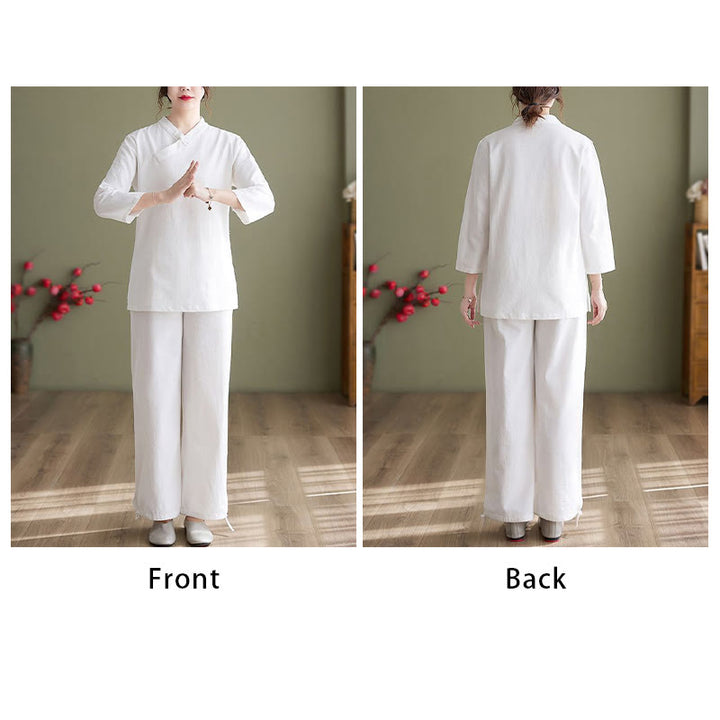 Buddha Stones 2Pcs Long Sleeve V-Neck Shirt Top Pants Meditation Zen Tai Chi Cotton Linen Clothing Women's Set